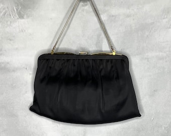 50's Black Satin Evening Bag/Clutch with Fold in Gold Chain Strap