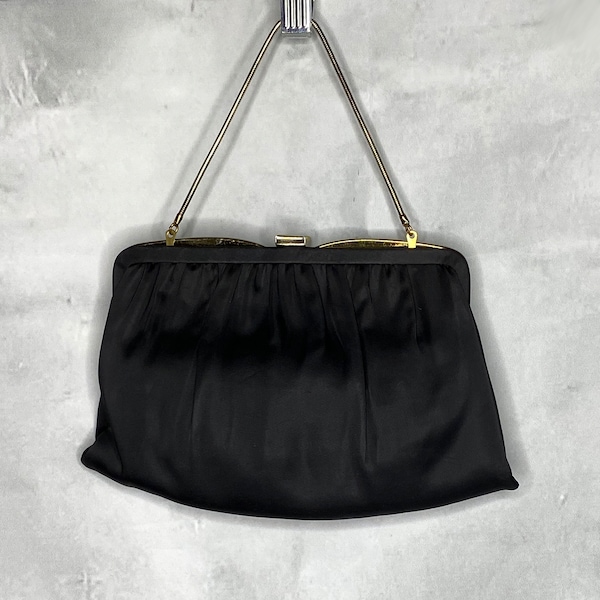 50's Black Satin Evening Bag/Clutch with Fold in Gold Chain Strap