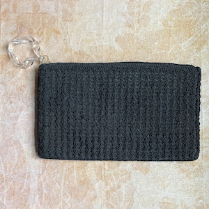 Vintage Clutch, 60s Crochet Clutch, Black Clutch, Rayon Crochet Clutch, Corner Handle Bag, Zipper Top Clutch, Large Black Crochet Clutch
