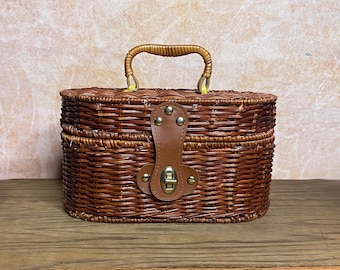 60's Wicker Box Purse, Vintage Wicker Box Purse, Wicker Handbag, Wicker Picnic Basket, Wicker and Leather Box Purse, Red Gingham Lined Purse