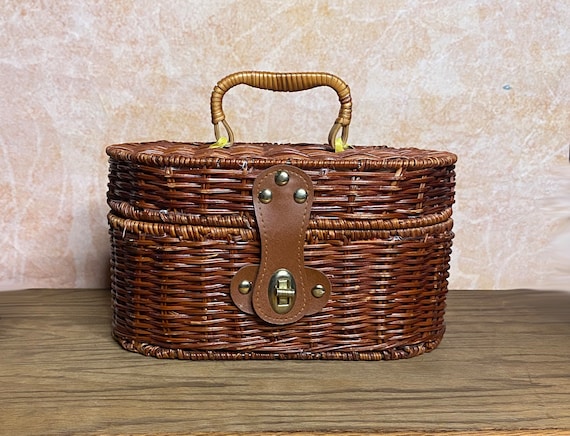Sac à Main Panier Ovale En Osier Et Cuir Vintage - Style Champêtre - Couleur Kaki