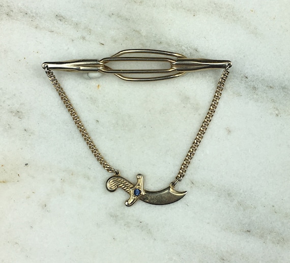 Vintage Tie Bar, 40's Tie Bar, Anson Tie Clip, Sword Tie Bar, Knife Tie Bar, Slide On Tie Bar, Drop Chain Tie Bar, Tie Bar with Blue Stone