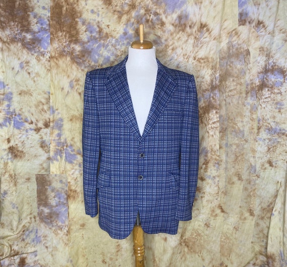 70's Navy Plaid Polyester Sportcoat,  Blazer, Wid… - image 1