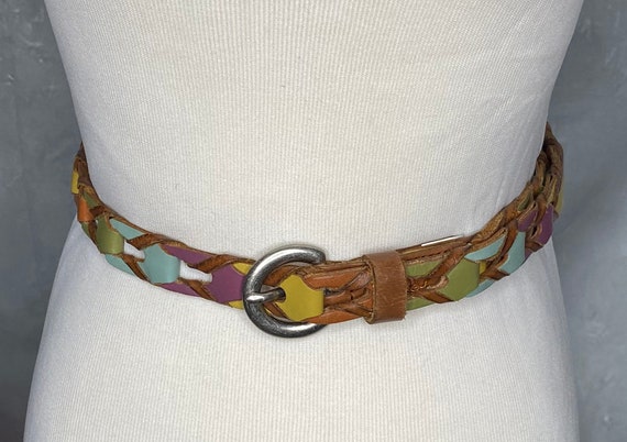 80's Vintage Leather Belt, Multicolor Woven Leath… - image 1