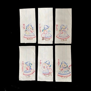 50&#39;s Embroidered Tea Towels/Dish Towels, Set of Six, Days of the Week