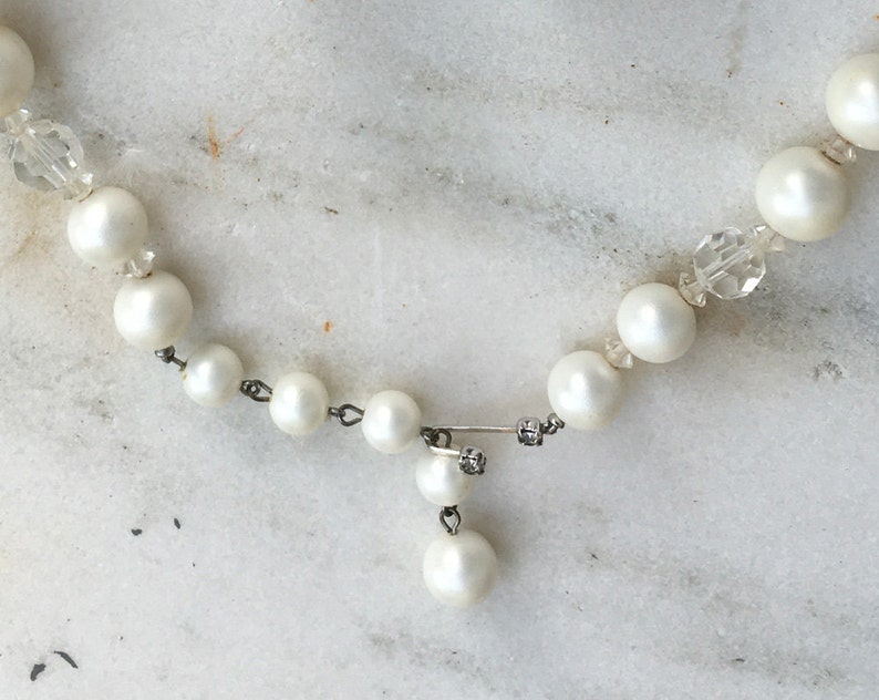 Vintage Necklace and Earrings Clear Glass and Faux Pearl Beads Choker Marvella Clip on Earrings 1950/'s Button Earrings