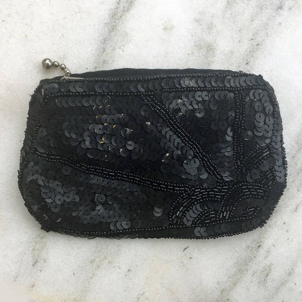 30's Vintage Czech Beaded Bag, Beaded and Sequin Bag, Beaded Change Purse, Sequin Change Purse, Black Beaded Bag, Made in Czechoslovakia