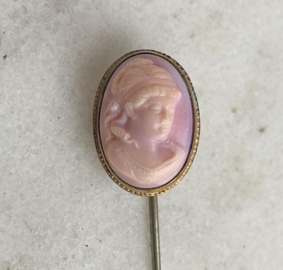 Antique Cameo Stick Pin Carved Pink Stone Oval Gold Plate | Etsy