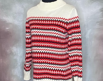 90's Talbots Fair Isle Stripe Pullover Sweater, Mock Neck, Red White Stripes