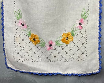 50's Flower Embroidered White Linen Table Runner, Vintage Embroidered Doily, Vintage Embroidered Dresser Scarf, Pansy Embroidered Runner