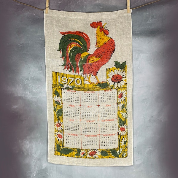 1970 Folk Art Calendar, Burlap Calendar Wall Hanging, Folk Art Rooster Calendar, 1970 Calendar Tea Towel, Folk Art Tea Towel