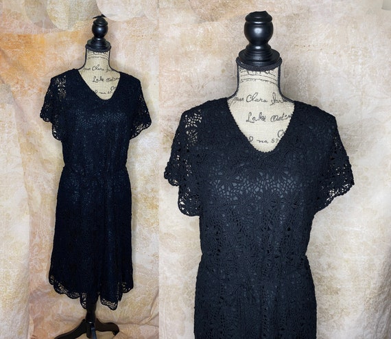 Vintage Black Lace Midi Dress, Summer Black Lace … - image 1