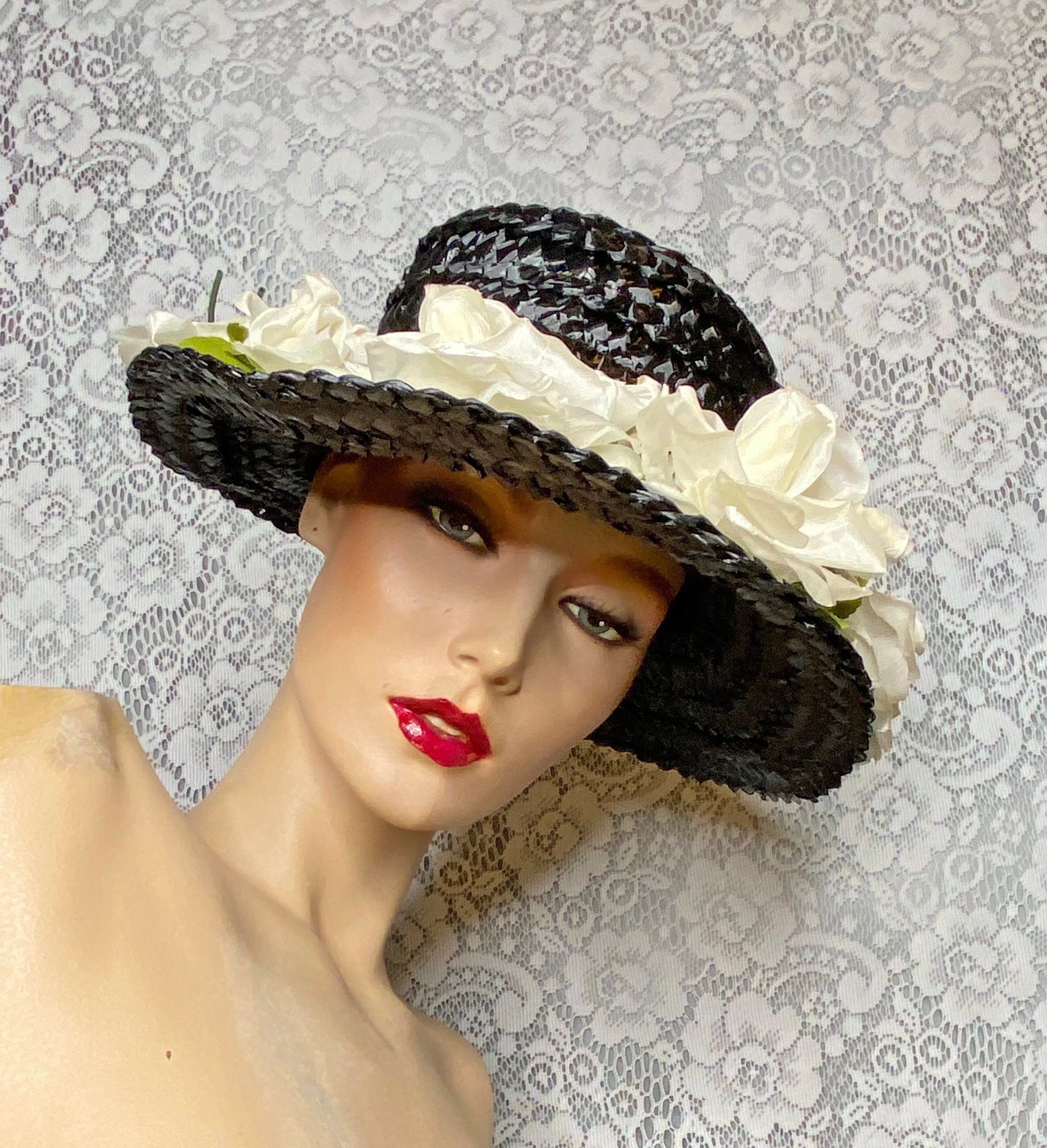 vintage 1950s black and white straw hat wide turned up brim 50s fashion summer A lovely 1950s straw broad brimmed hat with silk roses?￼ main image 2