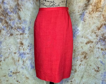80's Red Linen Pencil Skirt, Knee Length, Fully Lined, Rosecrest New York, Small