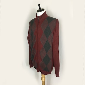 Men&#39;s Argyle Cardigan Sweater, Men&#39;s Zip Cardigan, Men&#39;s Cotton Cardigan, Men&#39;s Burgundy Gray Argyle Sweater Cotton Cardigan Sweater, Medium