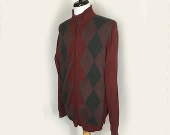 Herren Argyle Cardigan Pullover, Herren Zip Cardigan, Herren Baumwoll Cardigan, Herren Burgundy Argyle Pullover Baumwoll Cardigan Pullover, Medium