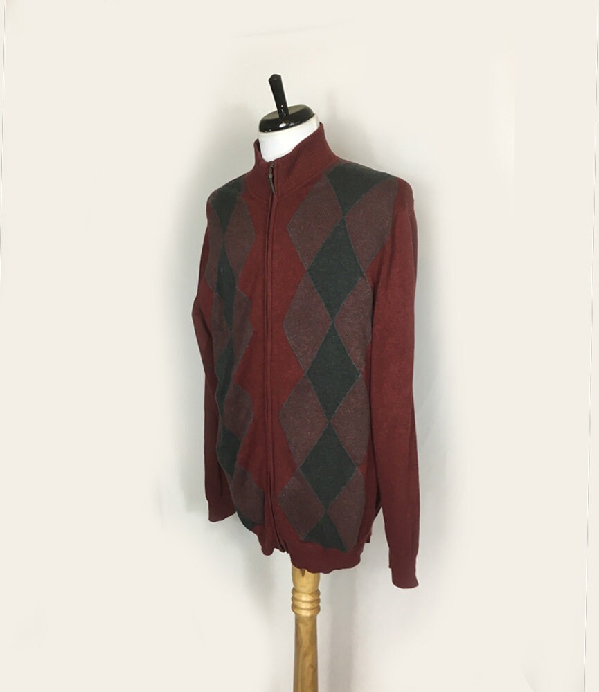 Men's Argyle Cardigan Sweater, Men's Zip Cardigan, Men's Cotton Cardigan, Men's Burgundy Gray Argyle Sweater Cotton Cardigan Sweater, Medium