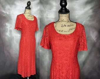 80's Red Lace Midi Dress, Scoop Neck, Draped Short Sleeves, Joanna Hope, Small/Medium