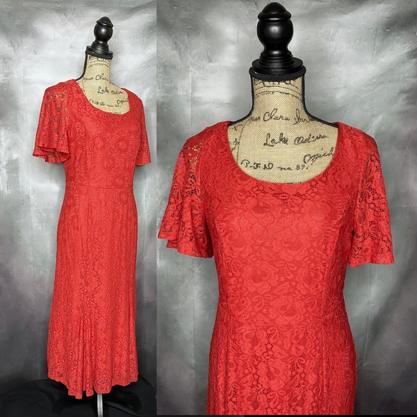 80's Red Lace Midi Dress, Scoop Neck, Draped Short Sleeves, Joanna Hope, Small/Medium