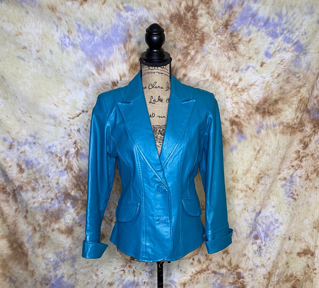 Women's Vintage Blue Leather Jacket 90's Fitted - Etsy