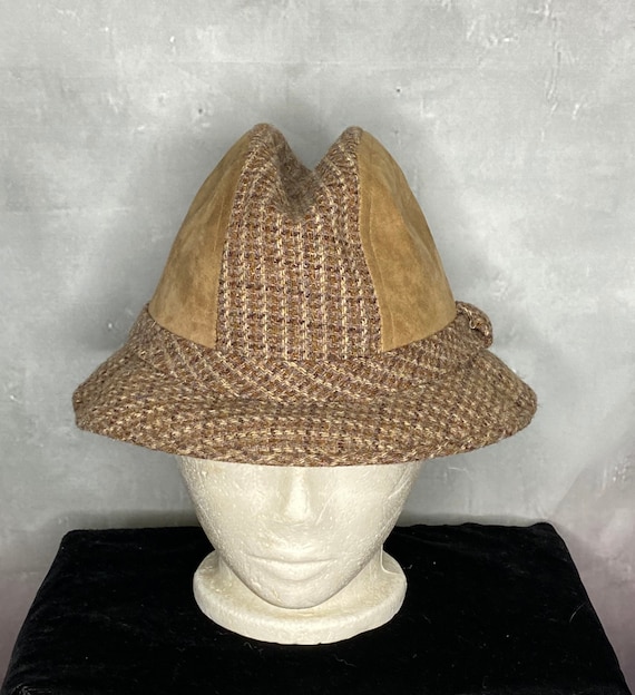 80's Men's Brown Wool Tweed and Suede Bucket Hat - image 2