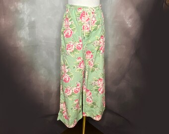 Ralph Lauren Cotton Capris, Floral Capris, Pedal Pushers, Drawstring Capris, Ralph Lauren Cropped Pants, Mint Green Rose Print Capri Pants