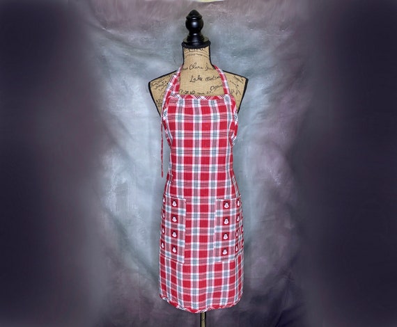 Vintage Apron, Bib Apron, Christmas Apron, Snowman Apron, Red Plaid Apron, Christmas Bib Apron, Holiday Apron, Bakers Apron, Butchers Apron