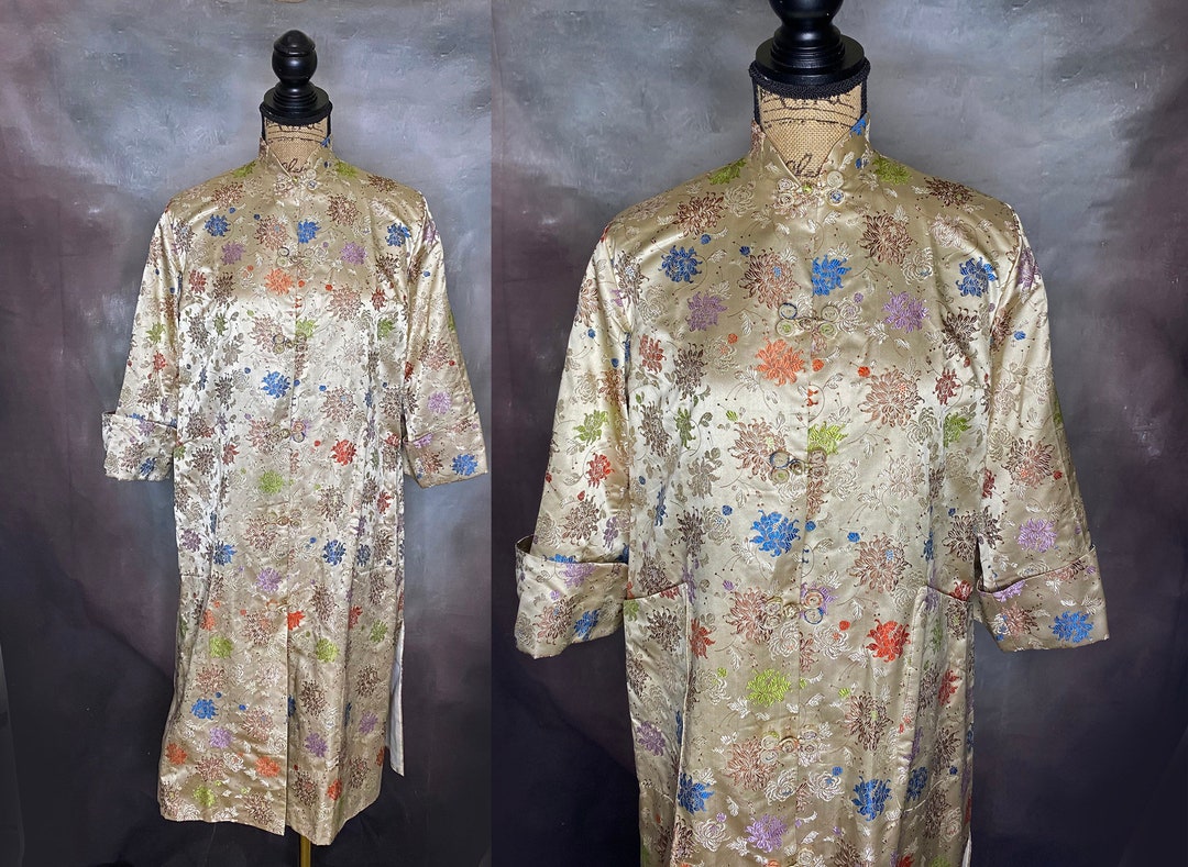 Vintage Japanese Satin Brocade Robe, Floral Satin Asian Dress, Made in ...