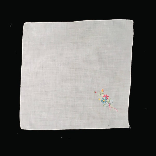 50's Vintage Hanky, Embroidered Flowers on White Cotton Handkerchief, Women's Handkerchief, Corner Embroidered Hanky, Flower Handkerchief
