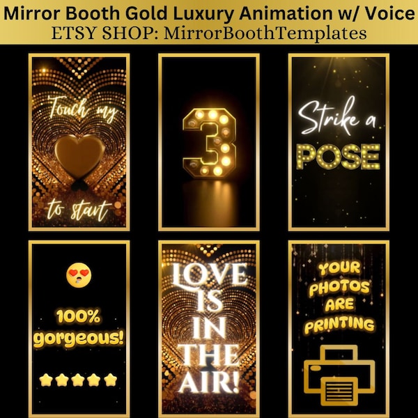 Mirror Photobooth Animation with Voiceover - Gold Luxury and Fun - Vertical, Touch to Start, Countdown, Pose, Love, Compliment and Printing