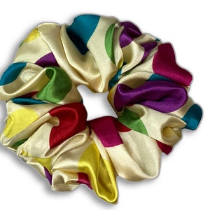 Multi Color Oversize Dots Satin Scrunchie hair accessory, Cream, Pink, Blue, Yellow, Green, Red, Hair Elastic 7" Super Big Scrunchie
