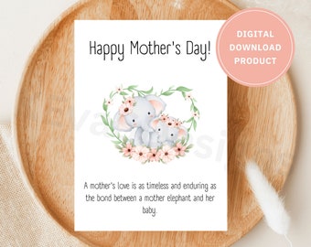 Printable Mom's Day Card - Cute Baby Elephant Design - Sentimental Greeting - Instant Digital Download PDF