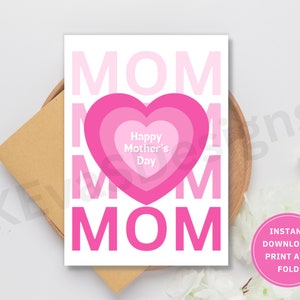 Happy Mother's Day Card, Printable Greeting Card, Instant Digital Download PDF, Pink, White, Mom, Heart, Hearts image 1