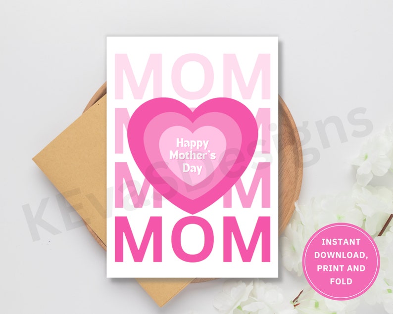 Happy Mother's Day Card, Printable Greeting Card, Instant Digital Download PDF, Pink, White, Mom, Heart, Hearts image 1