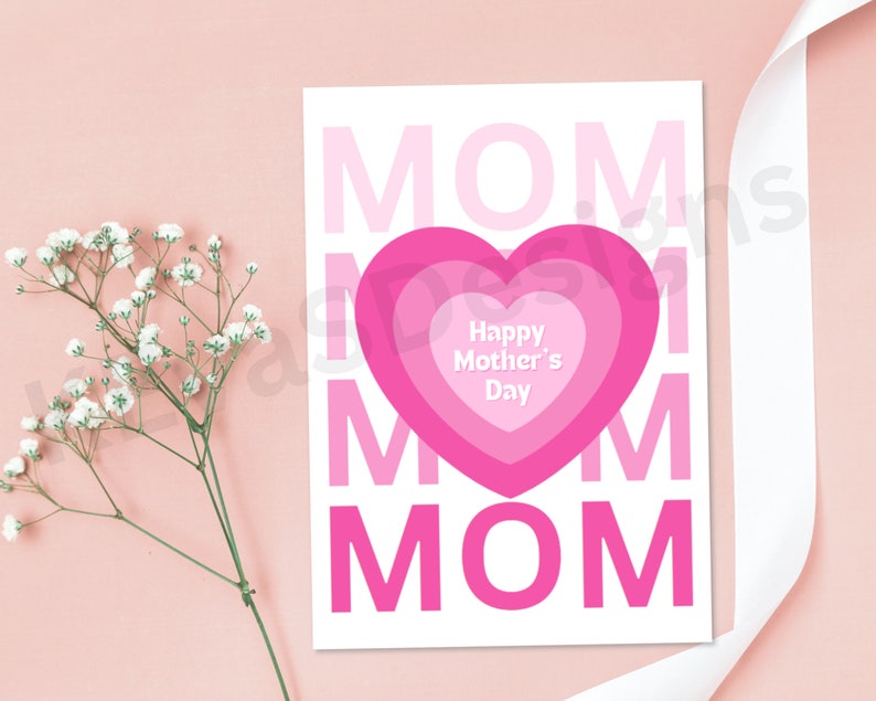Happy Mother's Day Card, Printable Greeting Card, Instant Digital Download PDF, Pink, White, Mom, Heart, Hearts image 3