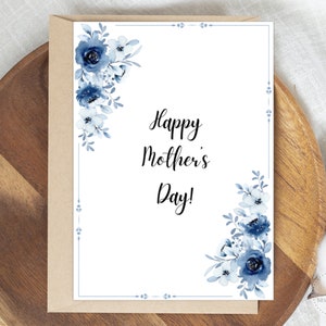 Moederdagkaart, bloemen, blauw, wit, Moederdagkaart, Instant download, Afdrukbaar, opvouwbaar, Happy Mother's Day-kaart, Happy Mothers Day