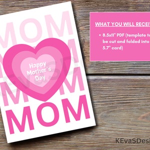 Happy Mother's Day Card, Printable Greeting Card, Instant Digital Download PDF, Pink, White, Mom, Heart, Hearts image 2