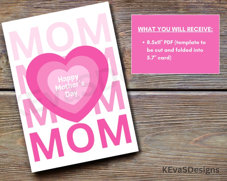 Happy Mother's Day Card, Printable Greeting Card, Instant Digital Download PDF, Pink, White, Mom, Heart, Hearts image 2