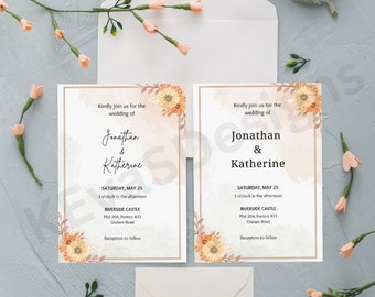 Orange neutral Wedding Invitation Template, Printable Wedding Invitation, Wedding Invitation, Boho Wildflower Invitation, Orange