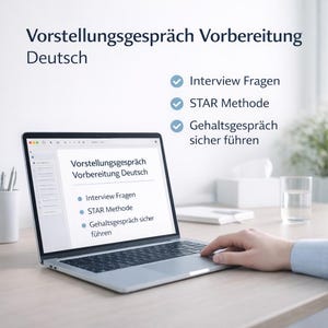 Könnte beinhalten: Ein Laptop mit deutschem Text zur Vorbereitung auf Vorstellungsgespräche, einschließlich Interviewfragen und der STAR-Methode. Der Laptop steht auf einem Holzschreibtisch, eine Hand ist zu sehen. Der Text "Vorstellungsgespräch Vorbereitung Deutsch" ist sichtbar.