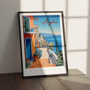 Póster de viaje de Aydın Kuşadası Türkiye: ¿De dónde eres? - Arte de la pared del cartel de viaje, impresión costera vintage, opción enmarcada y de tamaño