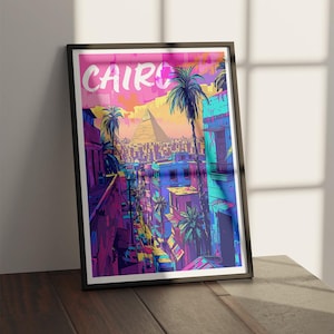 Póster de viaje a El Cairo enmarcado: arte mural de las pirámides de Giza, impresión arquitectónica del Antiguo Egipto, ilustración de paisaje urbano