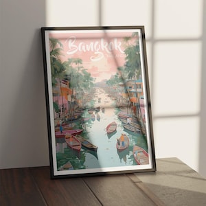 Bangkok Thailand Framed Travel Poster – Floating Market Vintage Print, Tropical Wall Art, Southeast Asia Decor - Office and Home office