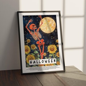 Impresión artística de girasol y esqueleto de Halloween, decoración de pared única de Halloween, flores de esqueleto