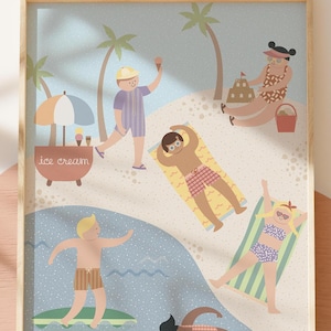 Póster de verano en la playa, tamaño A3, impresiones, arte y decoración de pared para habitación infantil.