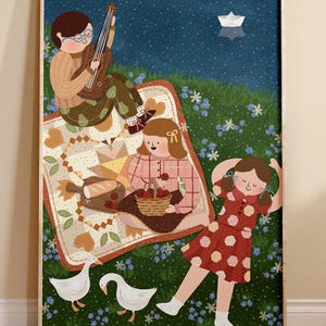 Póster ilustrado de picnic de primavera, tamaño A3, arte de pared y decoración para guardería, hogar, habitación infantil, regalo.