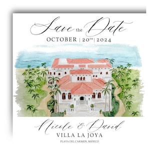 May include: Save the Date card with a watercolor illustration of a white building with red tile roofs, palm trees, and a blue ocean in the background. The text reads "Save the Date" in cursive script, "October | 20th | 2024", "Nicole & David", "Villa La Joya", and "Playa del Carmen, Mexico".