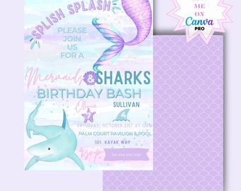 Könnte beinhalten: Ein blauer und lilafarbener Meerjungfrauen-Schwanz mit einer Muschel und dem Text "Splish Splash" oben auf der Einladung. Die Einladung enthält auch den Text "Mermaid & Sharks Birthday Bash" mit dem Namen "Olivia Sullivan" und dem Datum "Saturday, October 21st at 12pm". Die Einladung ist mit einem blauen und weißen Hai und einem hellblauen Aquarellhintergrund verziert.