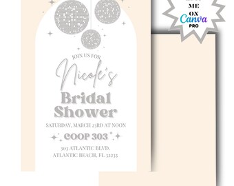 Disco Invite, Bridal Shower invite, Birthday Invite, Digital Invite, Edit, Editable, Canva, Custom, Download and Print