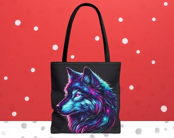 Bolsa de mano de lobo celestial / Retrato de lobo cósmico Bolsa de playa con asas negras / Bolsas de lona